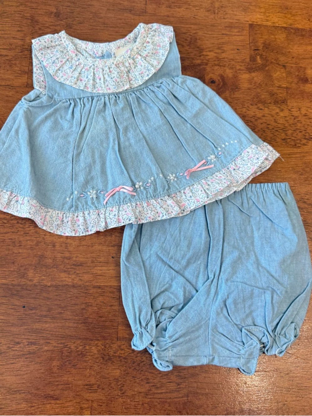 Vintage Mayfair Baby Blue Floral Trim Two-Piece Dress & Bloomers set newborn